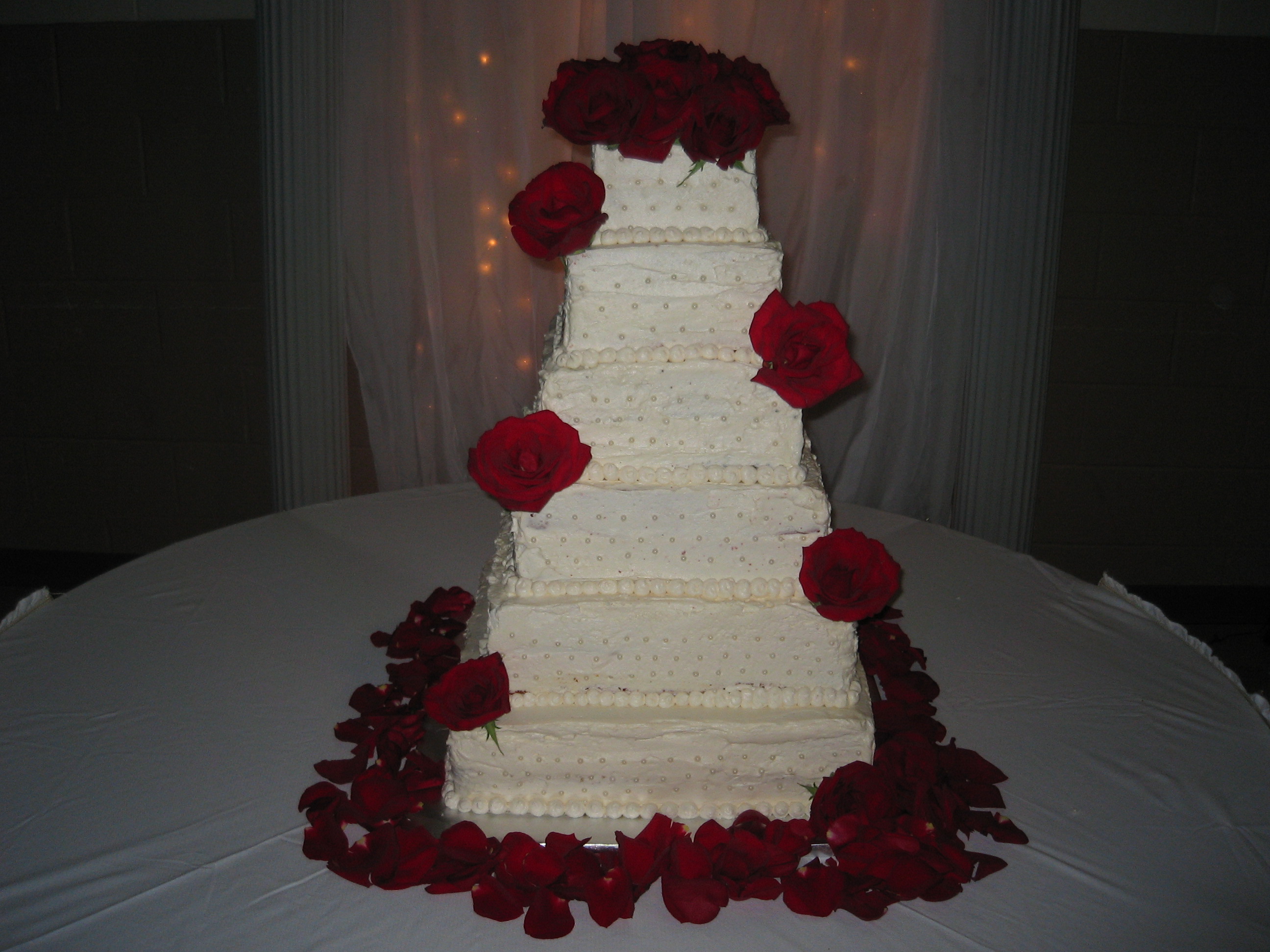 Square Stacked 6-Tier Cake with Pearls and Roses