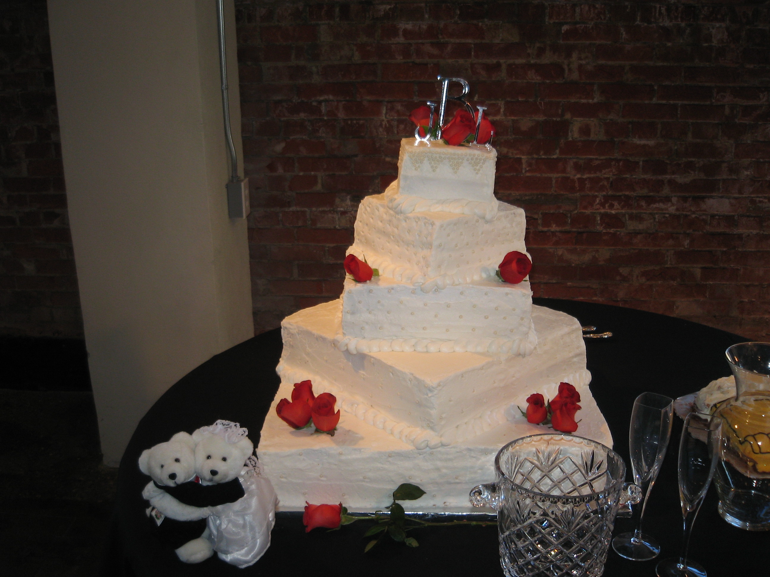 Square Stacked Offset 5-Tier Cake with Roses and Pearls